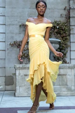 Pleated Bardot High Low Tier Chiffon Midaxi Dress - Lemon by Goddiva