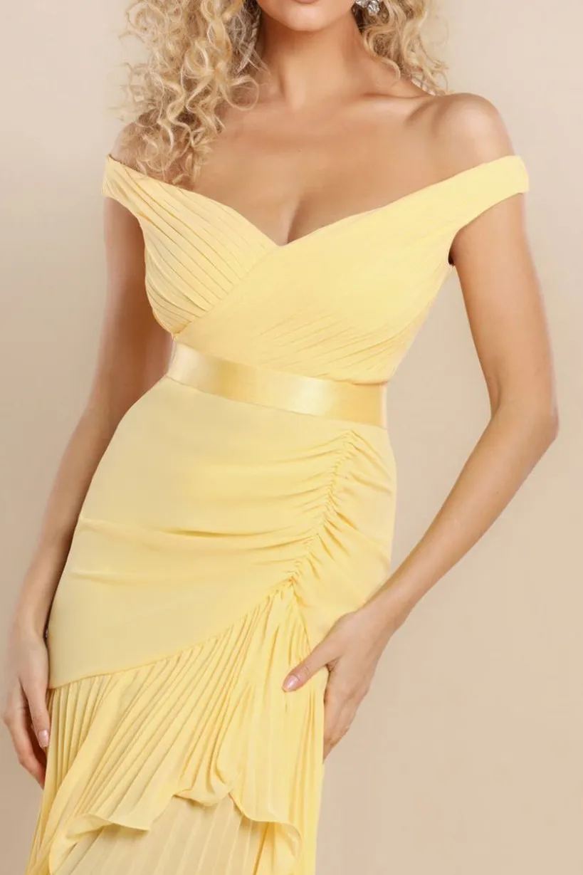 Pleated Bardot High Low Tier Chiffon Midaxi Dress - Lemon by Goddiva