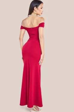 Pleated Bardot Scuba Maxi Dress - Wine by Goddiva