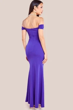 Pleated Bardot Scuba Maxi Dress - Purple by Goddiva