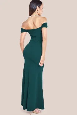 Pleated Bardot Scuba Maxi Dress - Emerald Green by Goddiva