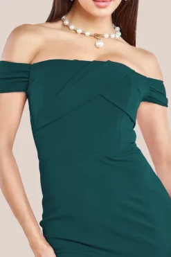 Pleated Bardot Scuba Maxi Dress - Emerald Green by Goddiva