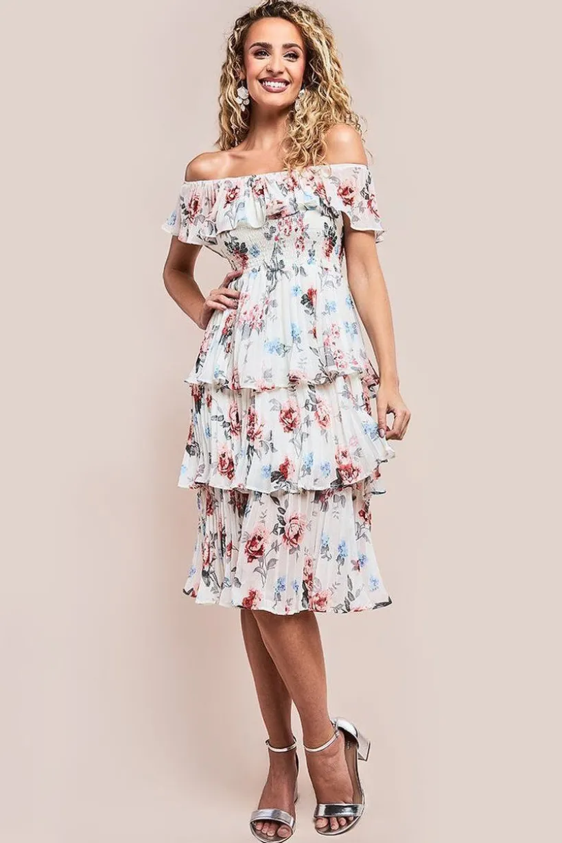 Pleated Bodice Chiffon Tiered Midi Dress - Cream by Goddiva