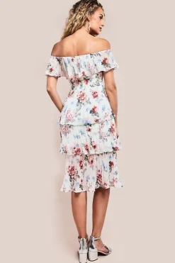 Pleated Bodice Chiffon Tiered Midi Dress - Cream by Goddiva
