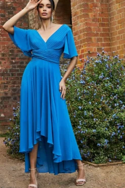 Pleated Chiffon High Low Midi Dress - Atlantic Blue by Goddiva