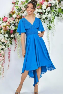 Pleated Chiffon High Low Midi Dress - Atlantic Blue by Goddiva