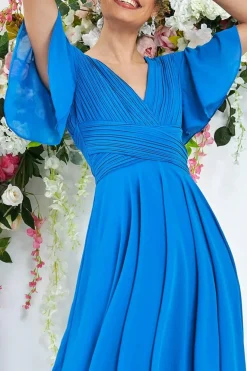 Pleated Chiffon High Low Midi Dress - Atlantic Blue by Goddiva