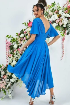 Pleated Chiffon High Low Midi Dress - Atlantic Blue by Goddiva