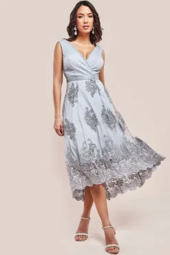 Pleated Satin Bodice High And Low Dress - Grey by Goddiva