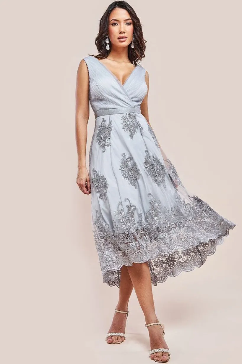 Pleated Satin Bodice High And Low Dress - Grey by Goddiva