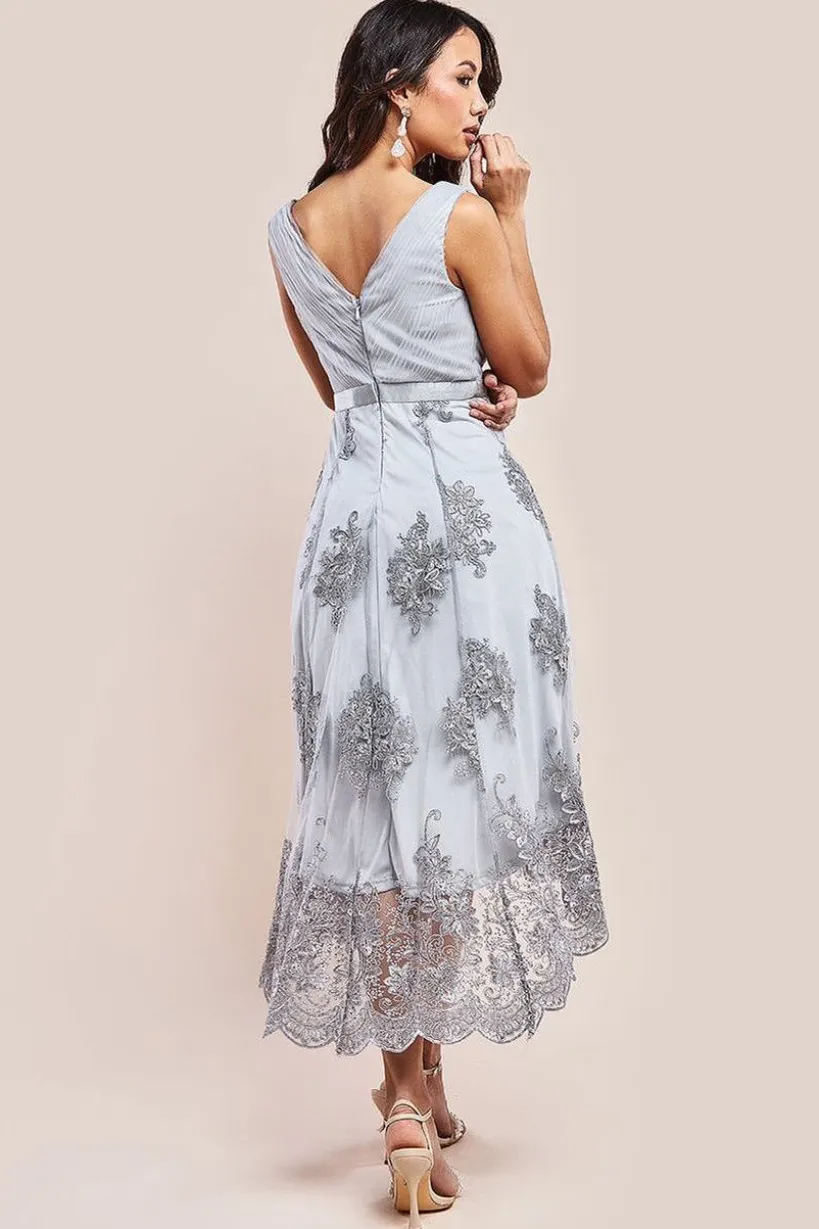 Pleated Satin Bodice High And Low Dress - Grey by Goddiva
