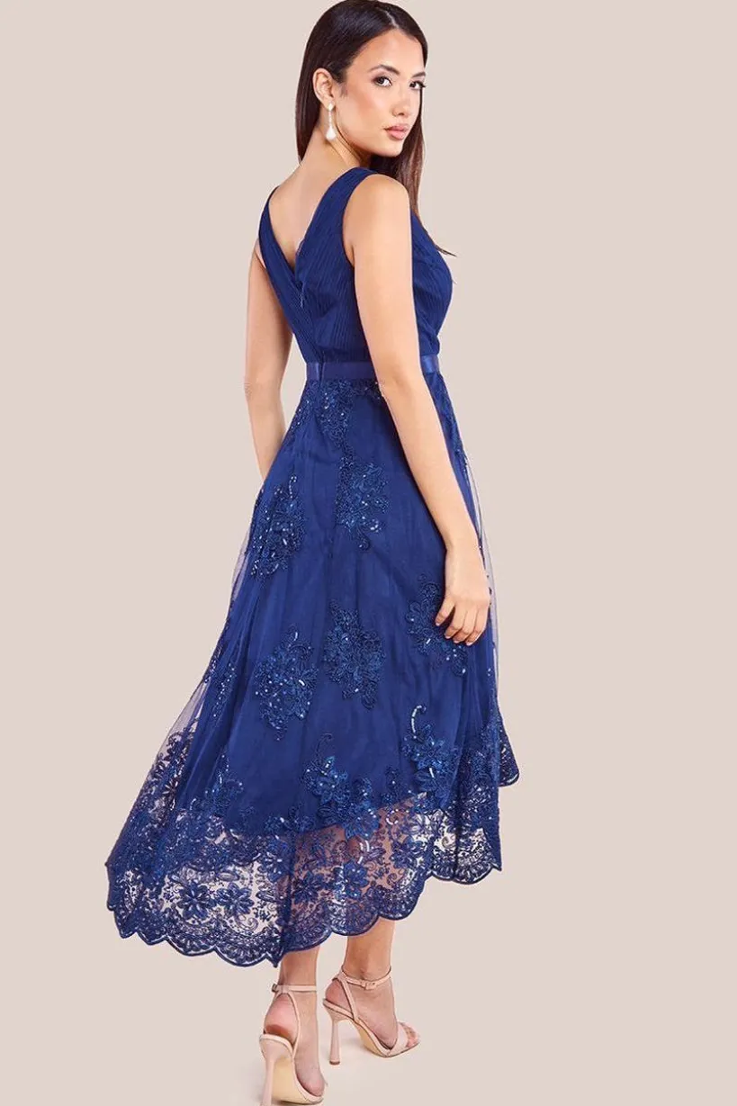 Pleated Satin Bodice High And Low Dress - Navy by Goddiva