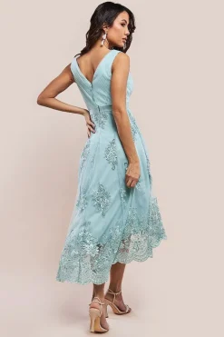 Pleated Satin Bodice High And Low Dress - Sage Green by Goddiva