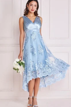 Pleated Satin V Neck High And Low Midi - Light Blue by Goddiva