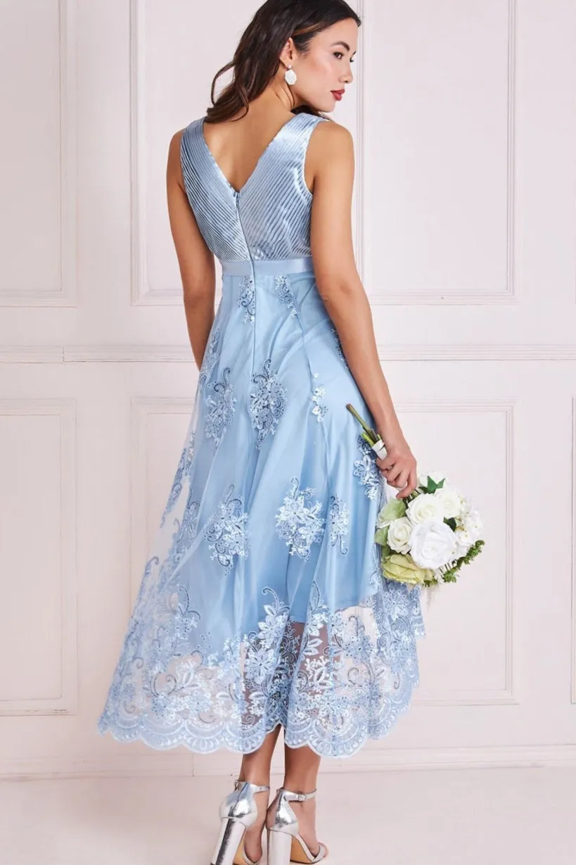 Pleated Satin V Neck High And Low Midi - Light Blue by Goddiva