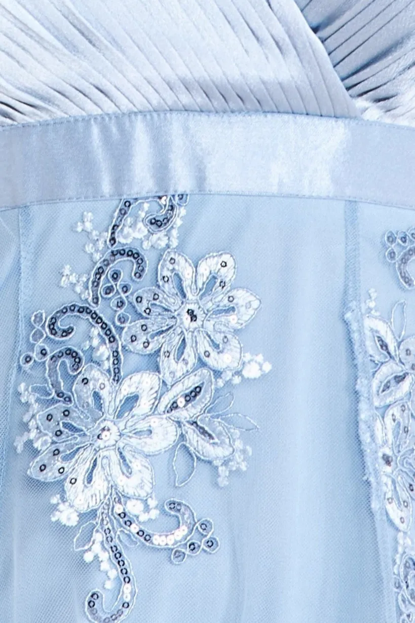 Pleated Satin V Neck High And Low Midi - Light Blue by Goddiva