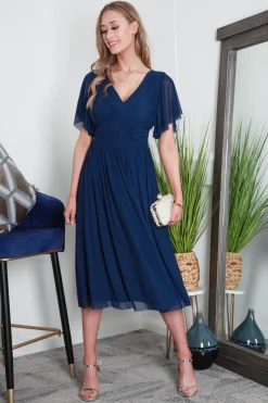 Pleated Tulle V Neck Angel Sleeve Midi Dress by Double Second