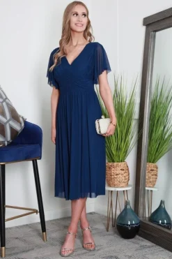 Pleated Tulle V Neck Angel Sleeve Midi Dress by Double Second