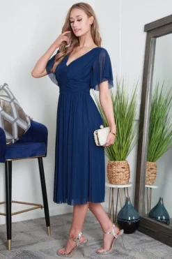 Pleated Tulle V Neck Angel Sleeve Midi Dress by Double Second