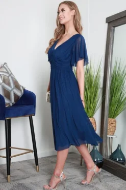 Pleated Tulle V Neck Angel Sleeve Midi Dress by Double Second