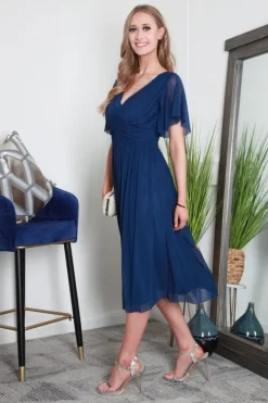 Pleated Tulle V Neck Angel Sleeve Midi Dress by Double Second