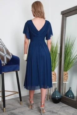 Pleated Tulle V Neck Angel Sleeve Midi Dress by Double Second