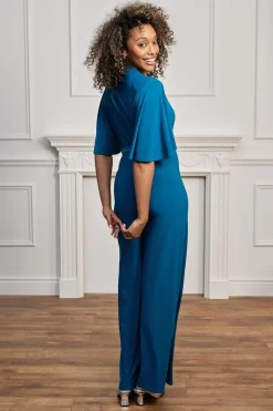 Plunge Angel Sleeve Jumpsuit With Tie Belt In Teal by Angeleye