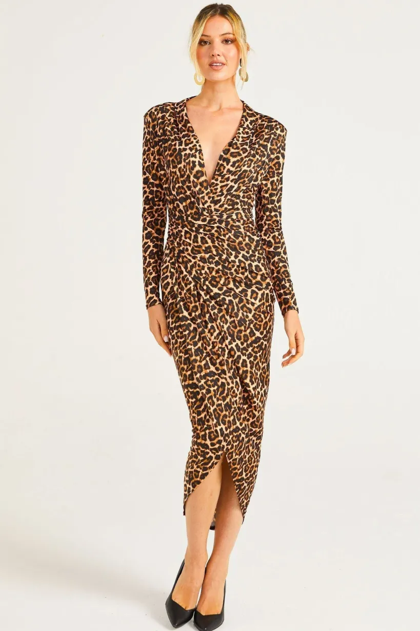 Plunge Neck Faux Wrap Print Midi Dress In Leopard by Angeleye