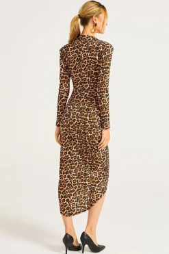 Plunge Neck Faux Wrap Print Midi Dress In Leopard by Angeleye