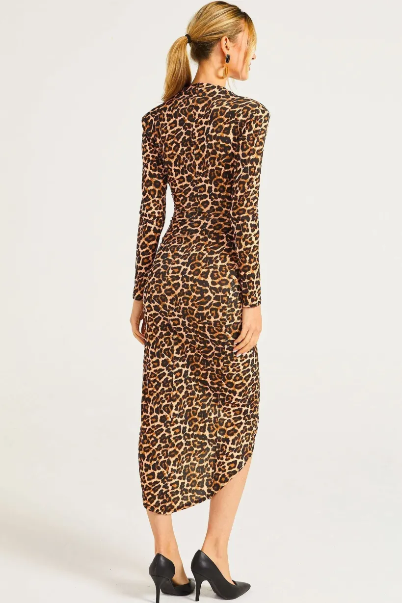 Plunge Neck Faux Wrap Print Midi Dress In Leopard by Angeleye
