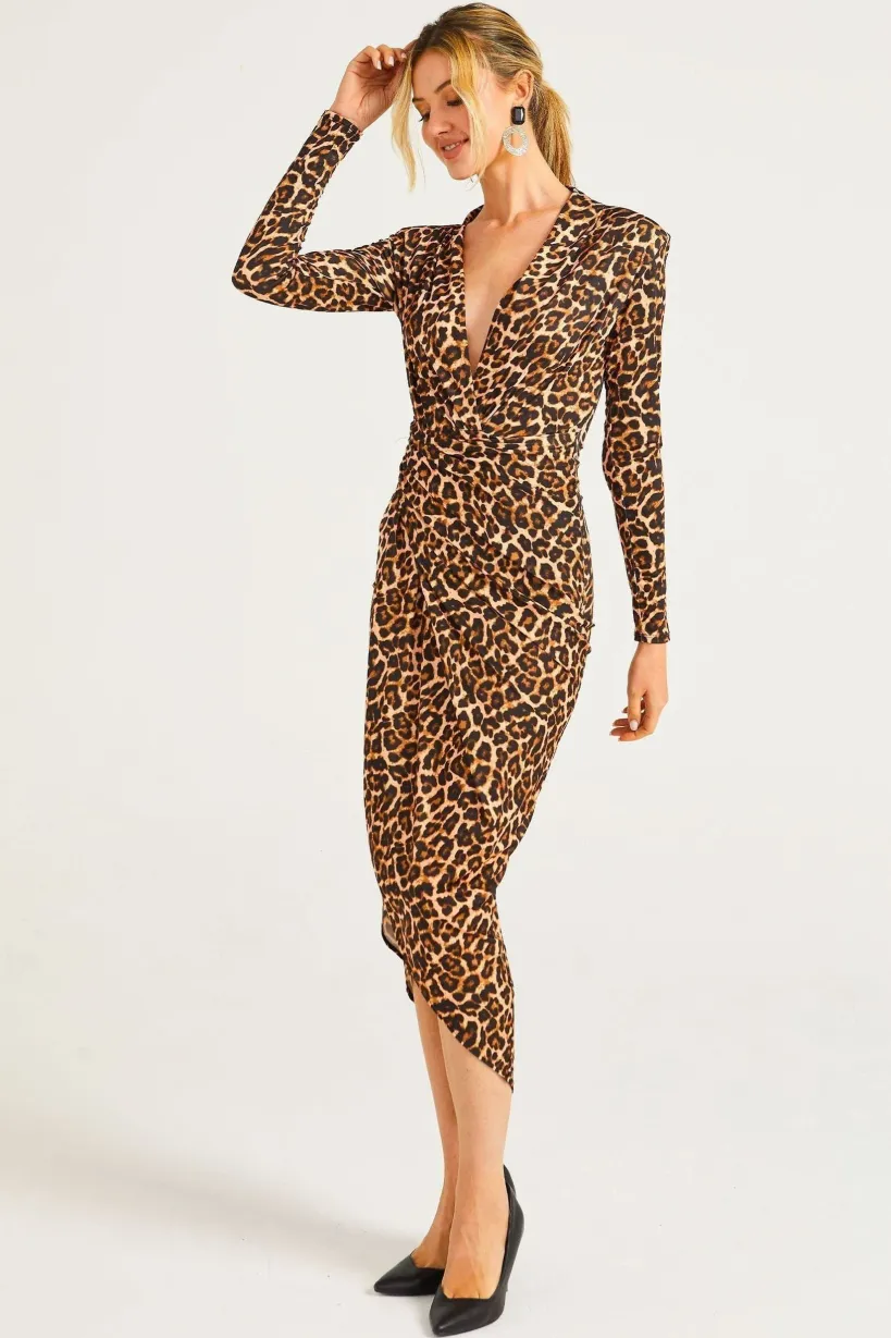 Plunge Neck Faux Wrap Print Midi Dress In Leopard by Angeleye