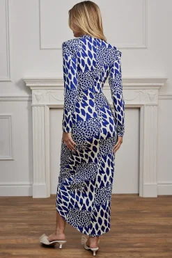 Plunge Neck Faux Wrap Print Midi Dress In Blue Leopard by Angeleye