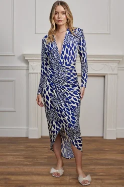 Plunge Neck Faux Wrap Print Midi Dress In Blue Leopard by Angeleye