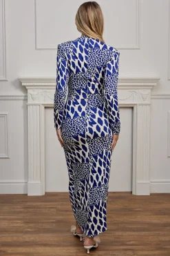 Plunge Neck Faux Wrap Print Midi Dress In Blue Leopard by Angeleye