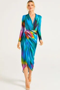 Plunge Neck Faux Wrap Print Midi Dress In Tie Dye by Angeleye