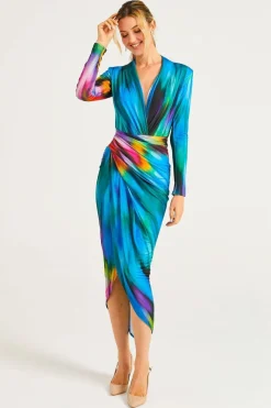 Plunge Neck Faux Wrap Print Midi Dress In Tie Dye by Angeleye