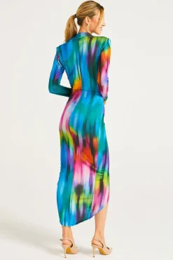 Plunge Neck Faux Wrap Print Midi Dress In Tie Dye by Angeleye