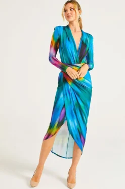 Plunge Neck Faux Wrap Print Midi Dress In Tie Dye by Angeleye