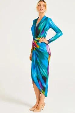 Plunge Neck Faux Wrap Print Midi Dress In Tie Dye by Angeleye