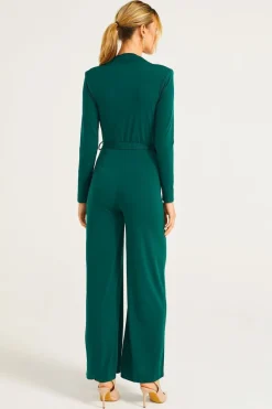 Plunge Neck Wide Leg Jumpsuit With Long Sleeves In Green by Angeleye