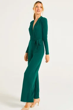 Plunge Neck Wide Leg Jumpsuit With Long Sleeves In Green by Angeleye