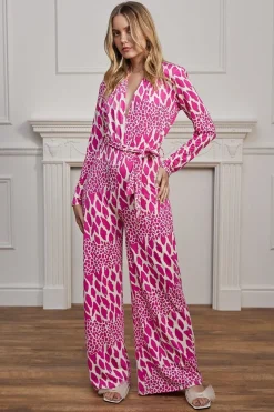 Plunge Neck Wide Leg Long Sleeve Jumpsuit In Pink Leopard by Angeleye
