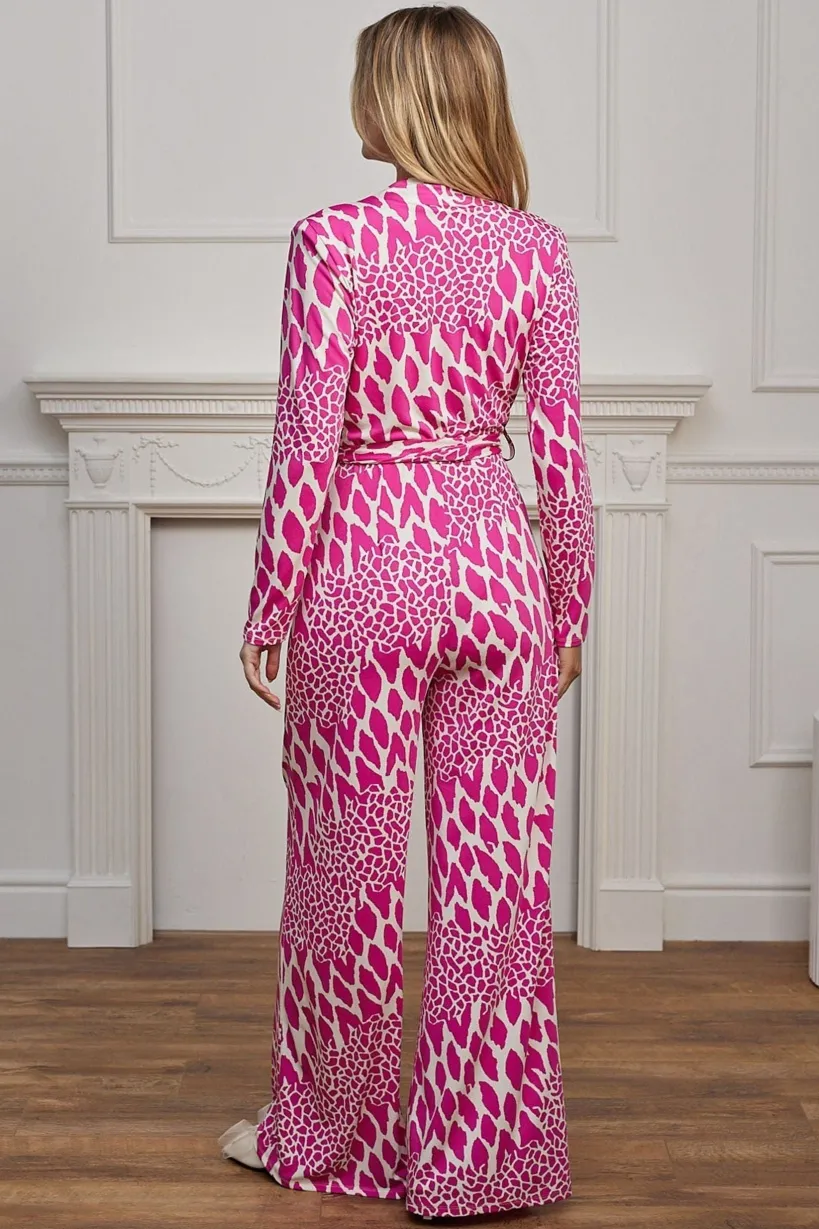 Plunge Neck Wide Leg Long Sleeve Jumpsuit In Pink Leopard by Angeleye