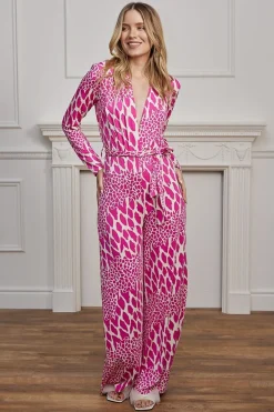 Plunge Neck Wide Leg Long Sleeve Jumpsuit In Pink Leopard by Angeleye