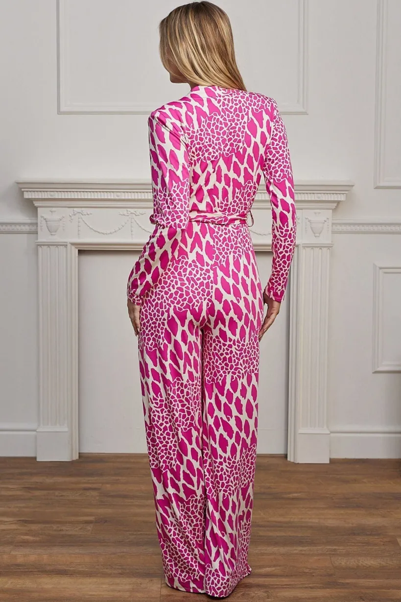 Plunge Neck Wide Leg Long Sleeve Jumpsuit In Pink Leopard by Angeleye