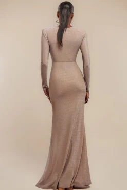 Plunge Neck Wrap Front Split Lurex Maxi Dress - Nude by Goddiva