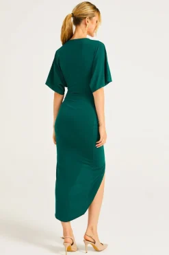 Plunge Neck Wrap Style Midi Dress With Flutter Sleeve by Angeleye