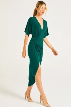 Plunge Neck Wrap Style Midi Dress With Flutter Sleeve by Angeleye