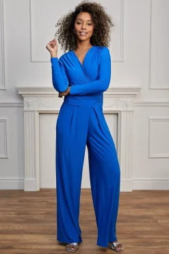 Plunge Wrap Long Sleeve Jumpsuit With Tie Back In Royal Blue by Angeleye