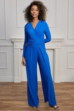 Plunge Wrap Long Sleeve Jumpsuit With Tie Back In Royal Blue by Angeleye
